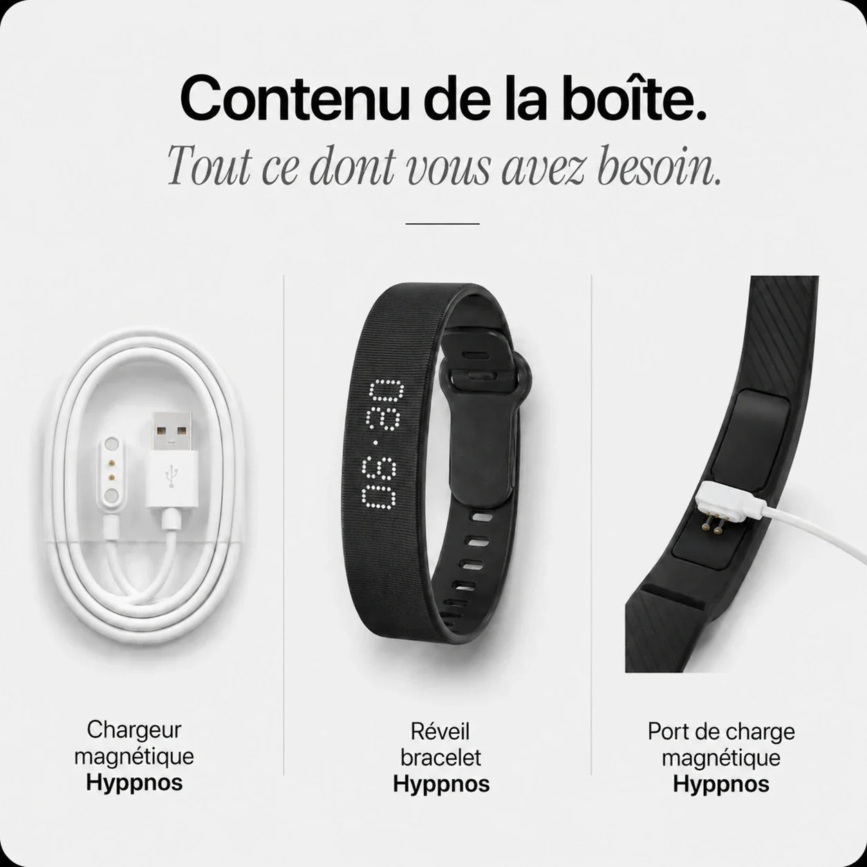Contenu de la boite Hyppnos : chargeur magnetique, bracelet, port de charge